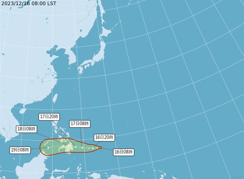 中央氣象署發布訊息，今（16日)上午8時熱帶性低氣壓（TD20）生成。（圖／氣象署）