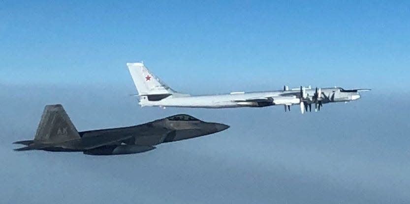 North American Aerospace Defense Command F-22 fighter aircraft, supported by E-3 airborne warning and control system and KC-135 refueler aircraft, intercepted two Russian Tu-95 bombers escorted by two Su-35 fighter aircraft