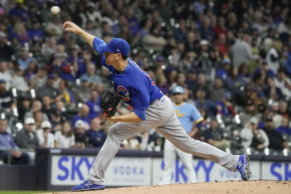 Chicago Cubs starting pitcher Kyle Hendricks throws during the first inning of a baseball game against the Milwaukee Brewers Friday, Sept. 29, 2023, in Milwaukee. (AP Photo/Morry Gash)