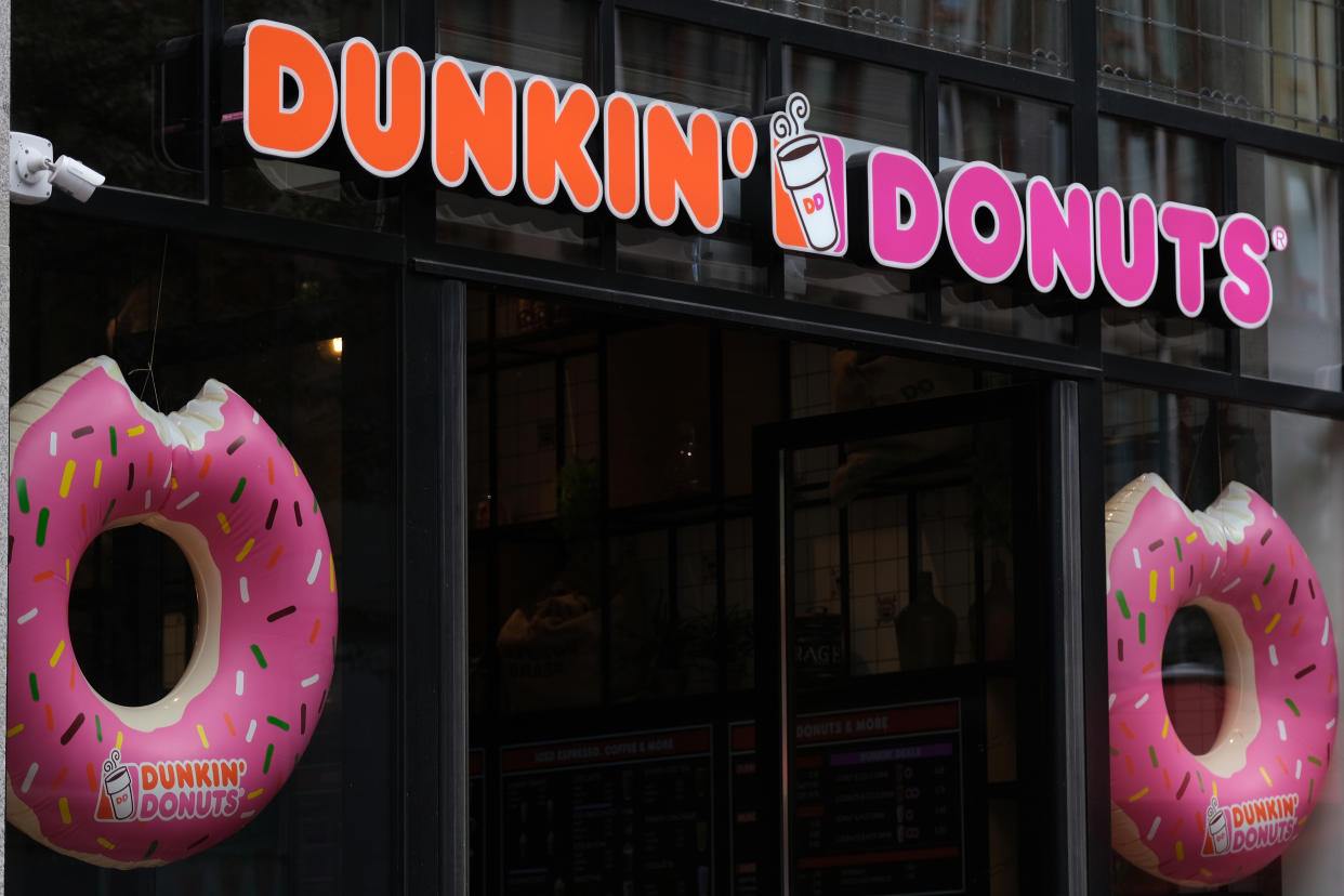 THE HAGUE, NETHERLANDS - JULY 27: A logo of "nDunkin' Donuts is seen at the entrance of its store on July 27, 2020 in The Hague, Netherlands.  (Photo by Yuriko Nakao/Getty Images)