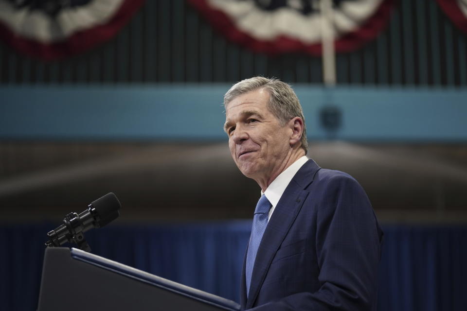 Gov. Roy Cooper, D-N.C., delivers remarks during a campaign event with President Joe Biden in Raleigh, N.C., Tuesday, March 26, 2024. (AP Photo/Stephanie Scarbrough)