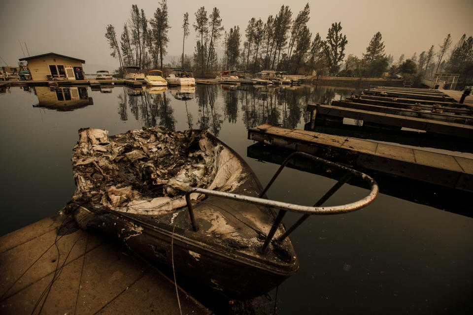 Wildfire destroyed and sunk boats docked at the marina in Whiskeytown, California.&nbsp;