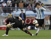 FILE - Argentina's Lionel Messi, right, Germany's Bastian Schweinsteiger, left, during the World Cup quarterfinal soccer match between Argentina and Germany at the Green Point stadium in Cape Town, South Africa, Saturday, July 3, 2010. (AP Photo/Gero Breloer, File)