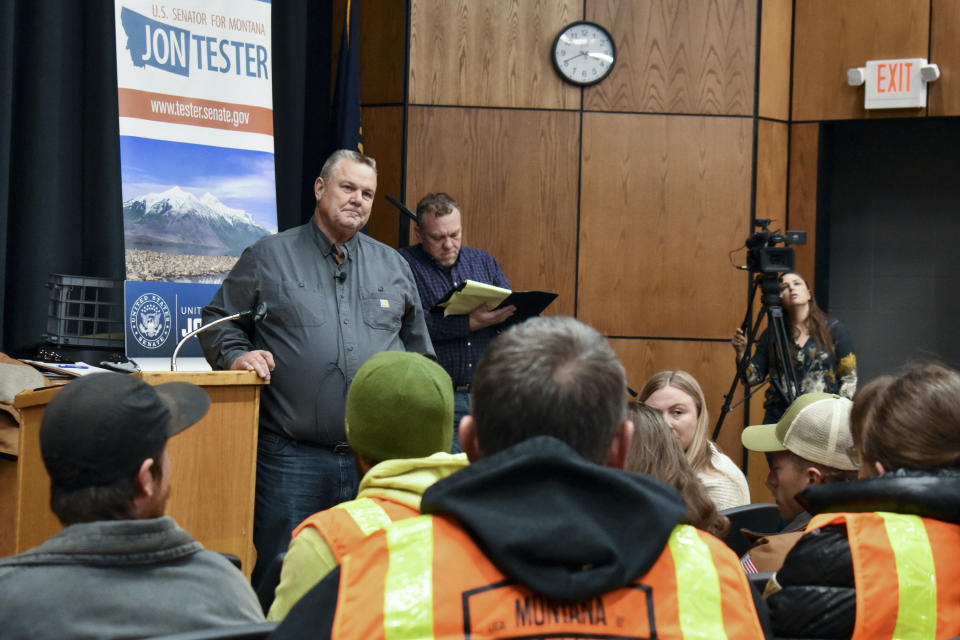 Sen. Jon Tester, D-Mont., listens to a constituent during a town hall hosted by the Democratic lawmaker at Montana Technological University, Nov. 10, 2023, in Butte, Mont. Voters in the state will decide next year if the Democratic lawmaker gets a fourth term as he's expected to face strong Republican opposition. (AP Photo/Matthew Brown)