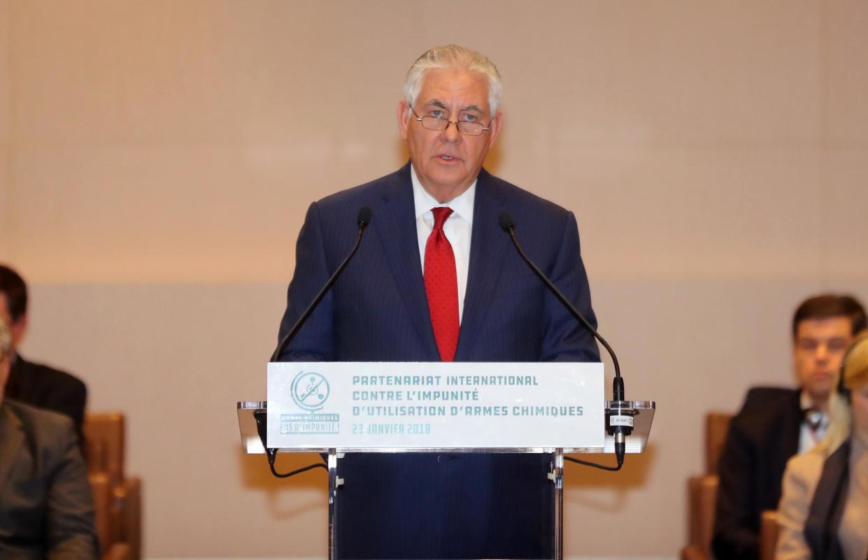 Rex Tillerson speaks during a meeting of diplomats pushing for sanctions and criminal charges against the perpetrators of chemical attacks in Syria: JACQUES DEMARTHON/AFP/Getty Images