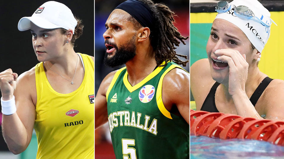 Seen here, Aussie gold medal hopes Ash Barty, Patty Mills from the Boomers and Kaylee McKeown.