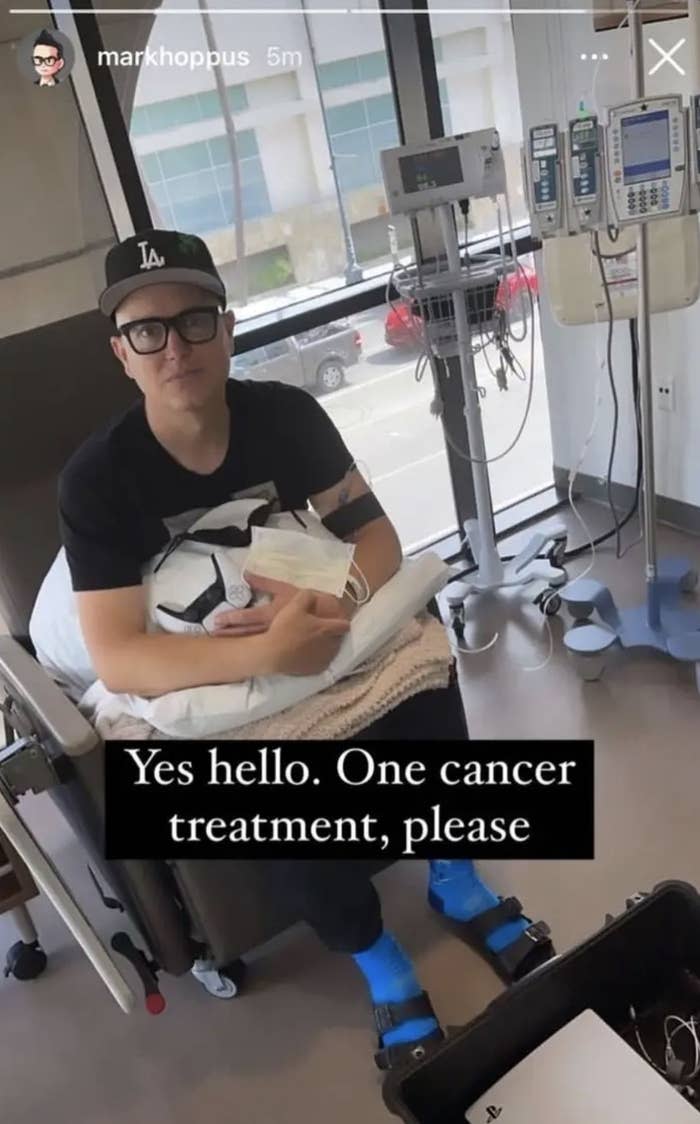 Mark sits in a hospital room with the caption "Yes hello one cancer treatment please"