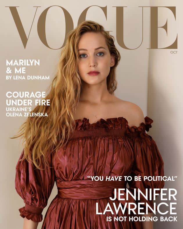 Actor Jennifer Lawrence in a Dior top, skirt and belt for Vogue's October issue. (Photo: Tina Barney/Vogue)