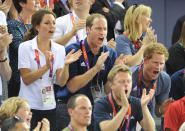 Catherine, Duchess of Cambridge, Prince William, Duke of Cambridge and Prince Harry during Day 6 of the London 2012 Olympic Games at Velodrome on August 2, 2012 in London, England. (Photo by Pascal Le Segretain/Getty Images)