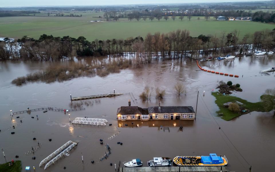 Naburn Lock, on the outskirts of York, is shown partially submerged in flood water as experts raise concerns the site has suffered significant damage