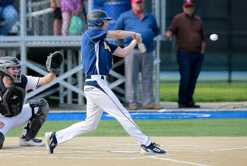Hillsdale High School's Nick Kandel (6) bats against Warren JFK High School in the first inning during their OHSAA Division IV regional semifinal baseball game at Gilmour Academy in Gates Mills, Ohio on Thursday, June 2, 2022. TOM E. PUSKAR/TIMES-GAZETTE.COM