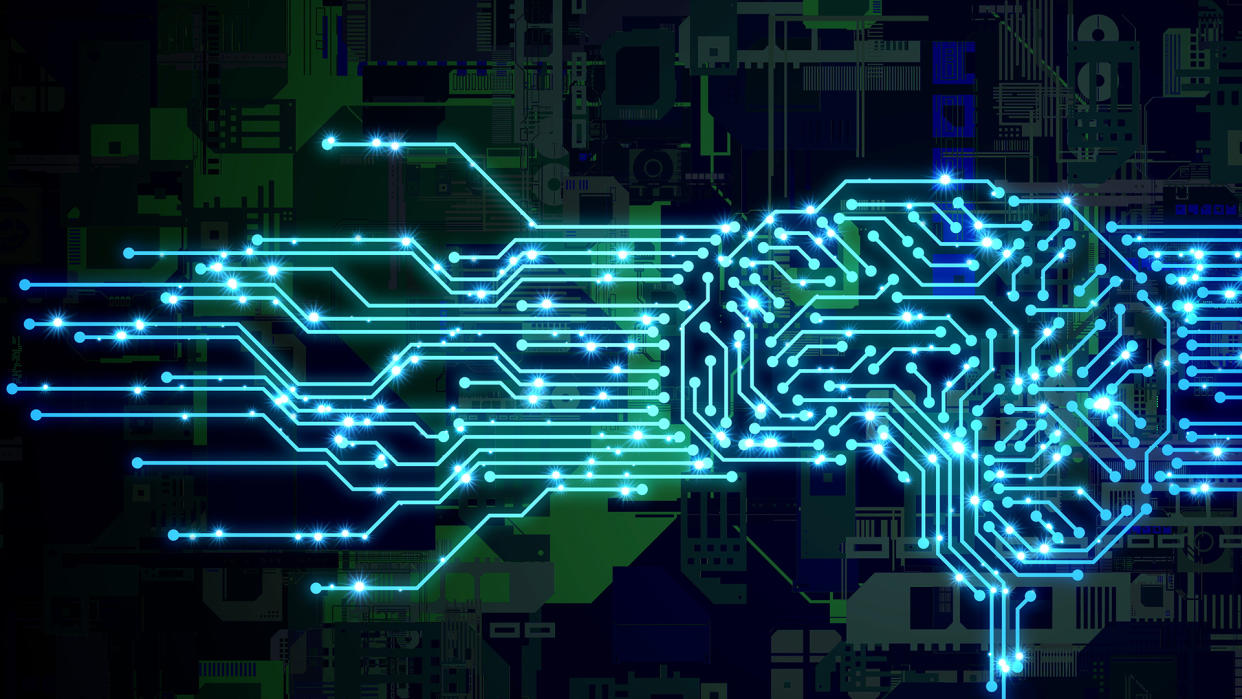  AI (Artificial Intelligence) concept. Human brain and circuit board. 