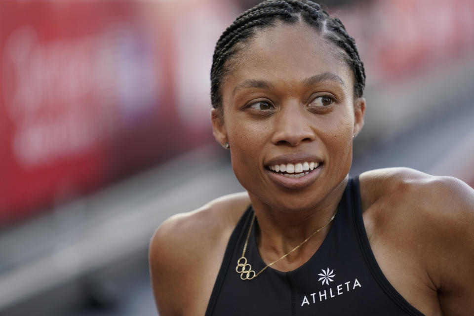 FILE - Allyson Felix reacts to her second place in the women's 400-meter run at the U.S. Olympic Track and Field Trials in Eugene, Ore., in this Sunday, June 20, 2021, file photo. Though frequently scrutinized the way any market leader is, Nike’s stranglehold on track and field has been tested over the past few years — if not in a pure dollar-for-dollar sense, then certainly in the way it is perceived by its most fervent followers. Gender equity battles have led to the defection of several high-profile women runners, including nine-time Olympic medal winner Allyson Felix. (AP Photo/Ashley Landis, File)