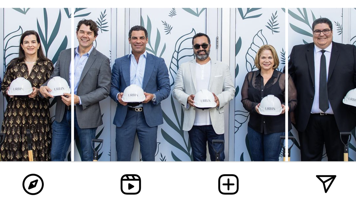 Francis Suarez (center left), in his capacity as Miami mayor, takes part in a 2023 groundbreaking for a project in Coconut Grove. It was later revealed that the mayor, in his private capacity, had been paid $10,000 a month by a company affiliated with the developer. It was one of his more than a dozen previously undisclosed side jobs.