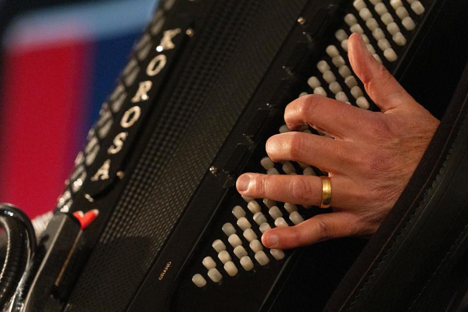 Eddie Korosa Jr. of Eddie Korosa Jr. and his Boys and Girl from Illinois perform live polka music Saturday, Jan. 27, 2024, during the 26th Annual St. AlÕs Sausage Festival at the Slovenian National Home in Indianapolis.