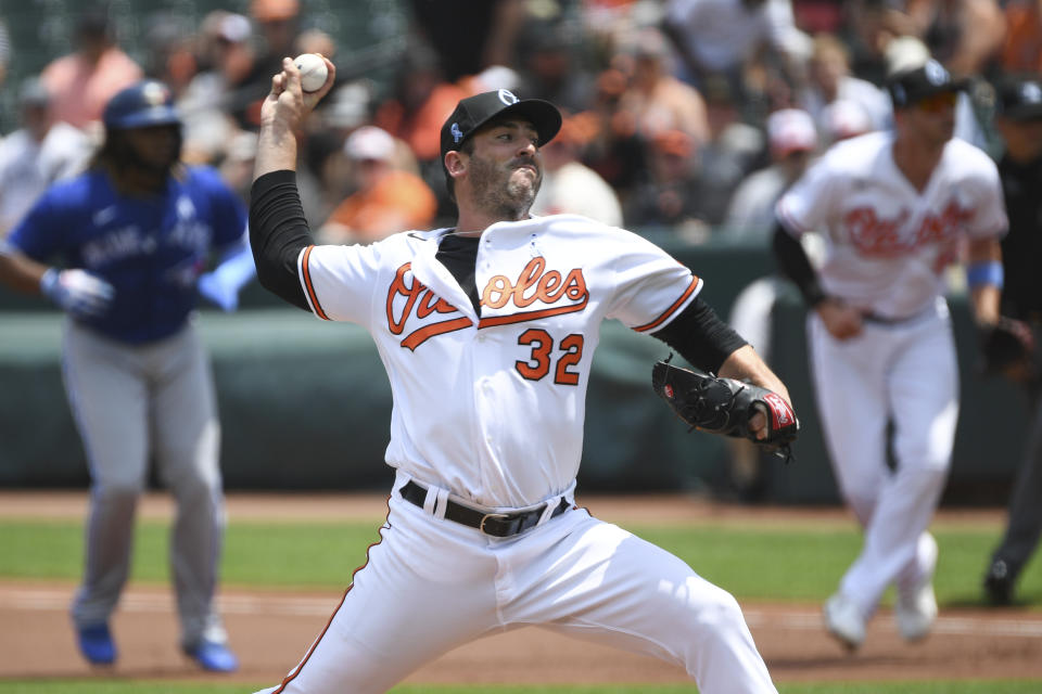 Baltimore Orioles starting pitcher Matt Harvey throws a pitch during the first inning of a baseball game against the Toronto Blue Jays, Sunday, June 20, 2021, in Baltimore. (AP Photo/Terrance Williams)