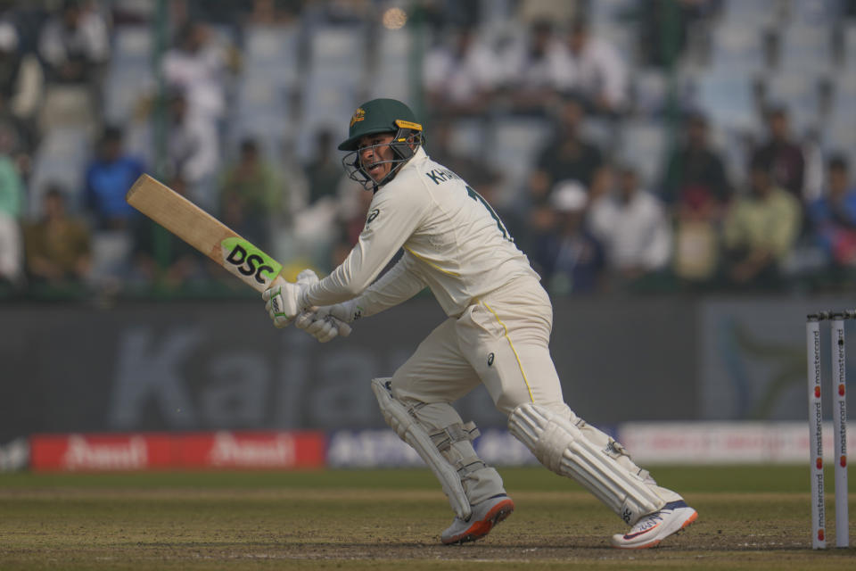 Australia's Usman Khawaja plays a shot during the first day of the second cricket test match between India and Australia in New Delhi, India, Friday, Feb. 17, 2023. (AP Photo/Altaf Qadri)
