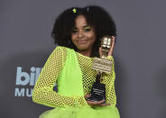 Mari Copeny poses in the press room with the BBMA Change Maker Award at the Billboard Music Awards on Sunday, May 15, 2022, at the MGM Grand Garden Arena in Las Vegas. (Photo by Jordan Strauss/Invision/AP)