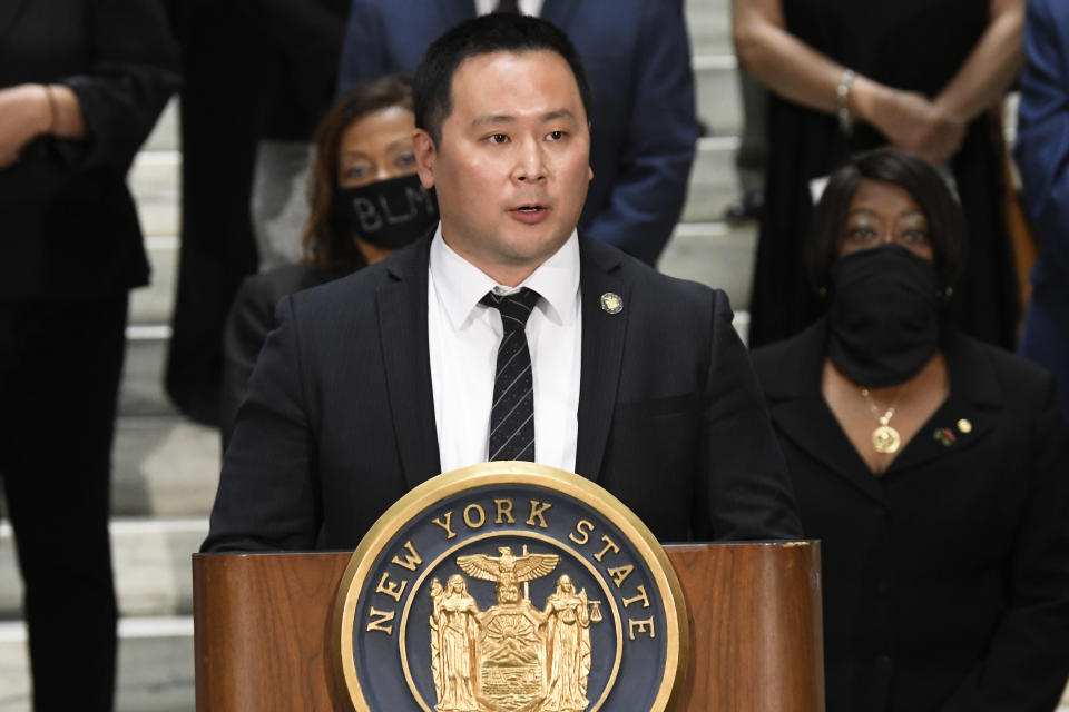 FILE - In this June 8, 2020, file photo, Assemblyman Ron Kim, D-Queens, speaks during a press briefing at the state Capitol in Albany, N.Y. Kim says Gov. Andrew Cuomo vowed to "destroy" him, during a private phone call for criticizing his handling of COVID-19 outbreaks at nursing homes. (AP Photo/Hans Pennink, File)