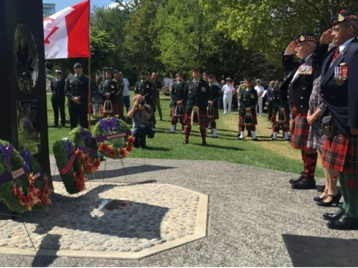 Services that took place in Dieppe Gardens in Windsor in 2017 to mark the 75th anniversary of the Dieppe raid are shown in a file photo. (Meg Roberts/CBC - image credit)