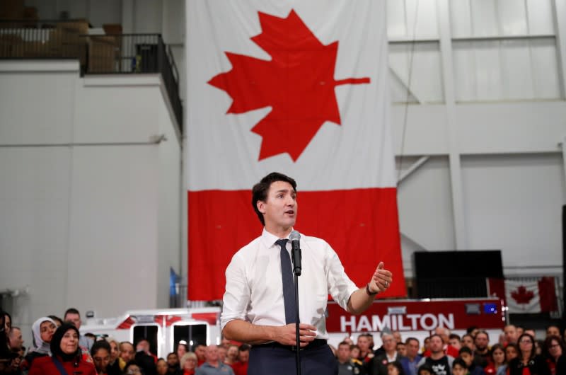 Liberal leader and Canadian Prime Minister Justin Trudeau campaigns for the upcoming election in the Hamilton Fire Department in Hamilton