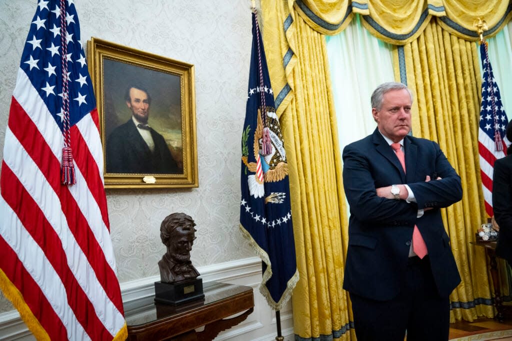 White House Chief of Staff Mark Meadows listens as U.S. President Donald Trump meets with New Jersey Gov. Phil Murphy in the Oval Office of the White House April 30, 2020 in Washington, DC. New Jersey, like many states, is seeking assistance from the federal government for the health and economic crisis caused by the coronavirus pandemic. (Photo by Doug Mills/The New York Times/Pool/Getty Images)