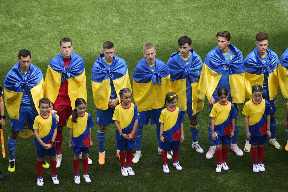 Ukraine players are seen before a Group E match between Romania and Ukraine at the Euro 2024 soccer tournament in Munich, Germany, Monday, June 17, 2024. (AP Photo/Ariel Schalit)