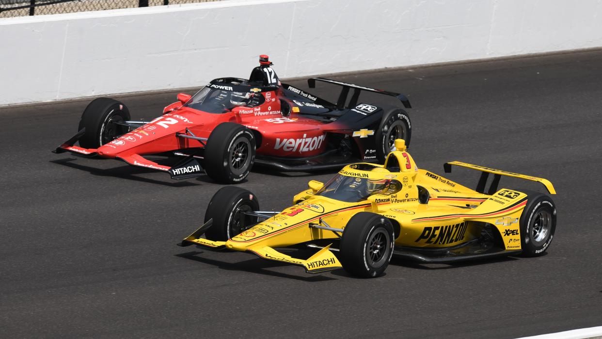  Scott McLaughlin (#3 Team Penske) Dallara IR12 Chevrolet leads teammate Will Power (#12 Team Penske) Dallara IR12 Chevrolet to be the first car to get the green flag for the start of practice for the 107th Indianapolis 500. 