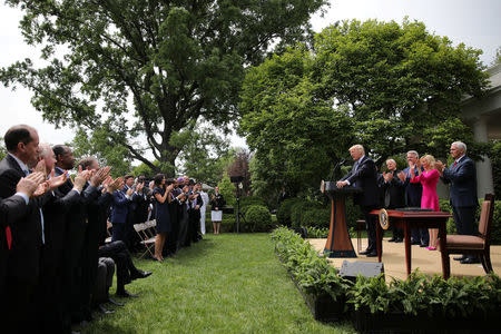 U.S. President Donald Trump speaks during a National Day of Prayer event at the Rose Garden of the White House in Washington D.C., U.S., May 4, 2017. REUTERS/Carlos Barria