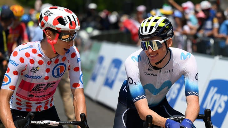 <span class="article__caption">Matteo Jorgenson (right) and Powless greet each other during the 2023 Tour. </span> (Photo: Michael Steele / Staff)