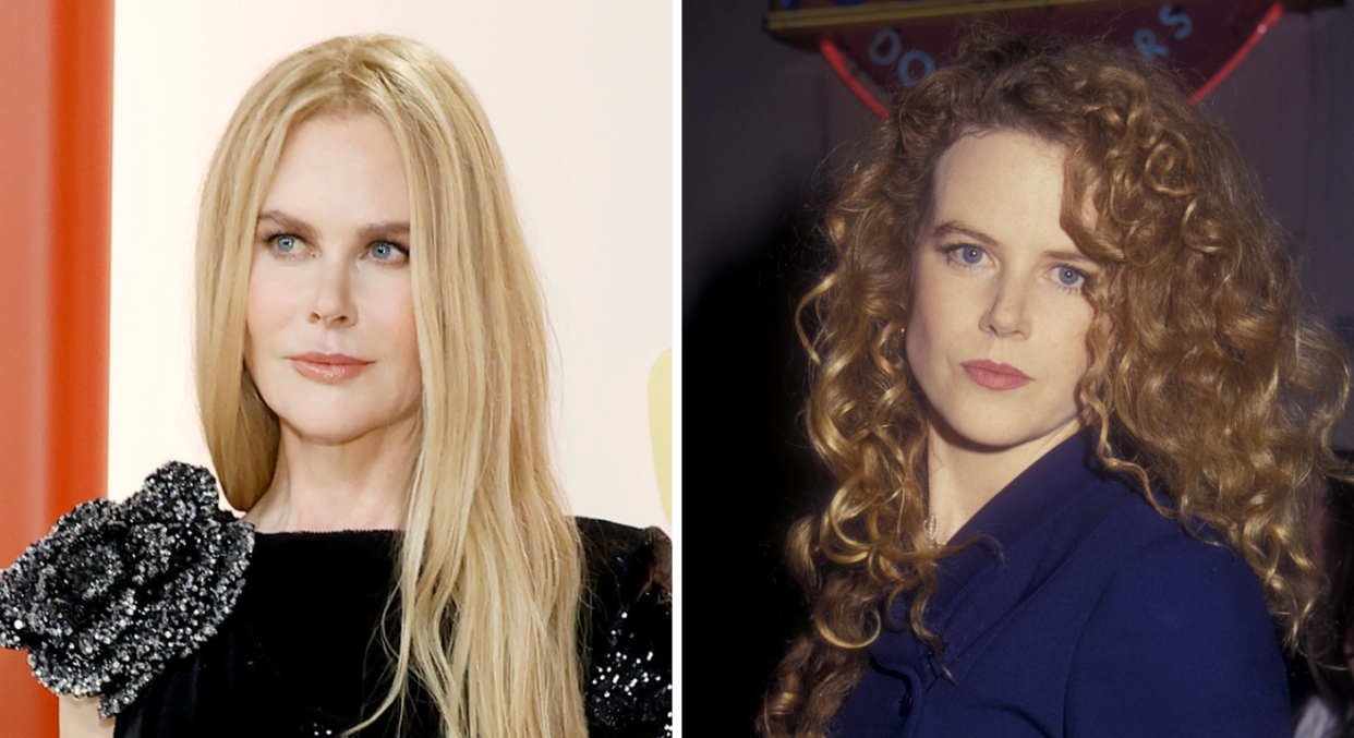 Nicole Kidman at the 2023 Oscars (left) and with her signature red curly hair in the 1990s (right). (Getty Images)