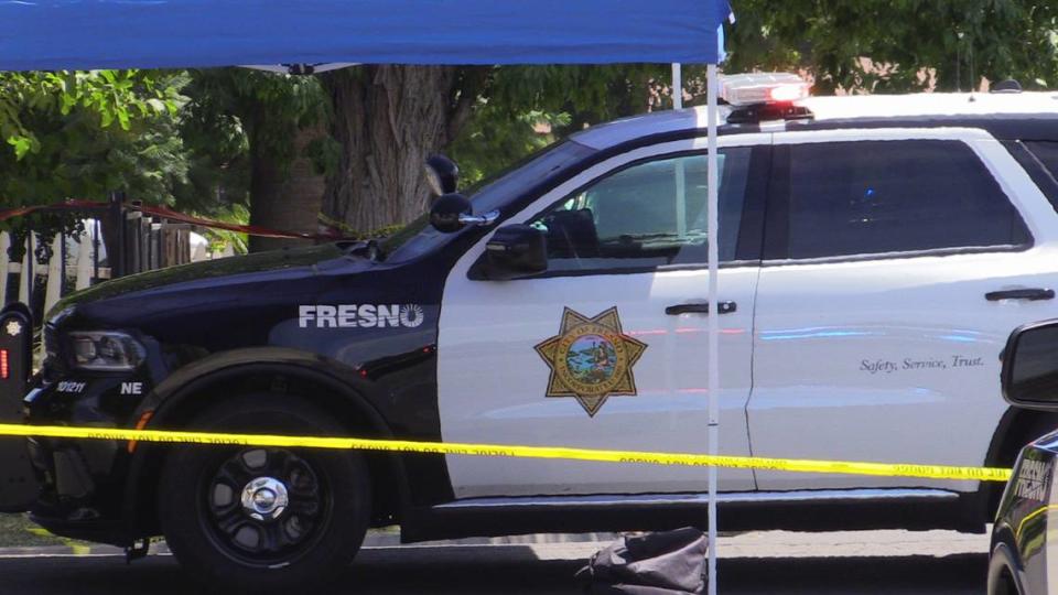 Police investigate an officer-involved shooting at Magill and Effie avenues in Fresno, California on Sunday, July 30, 2023.