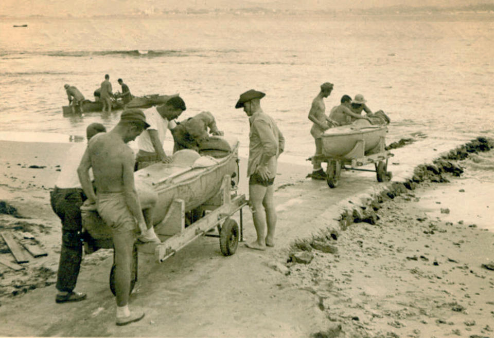“Sleeping Beauty” submersible canoes being launched by OSS Maritime Unit personnel during training operations in the Pacific Theater during the 1940's.  As part of the history pages of the newly released book on US Naval Special Warfare / US Navy SEALs.