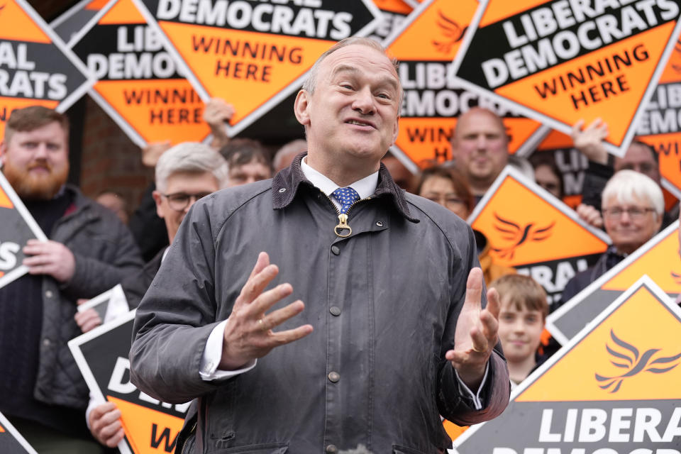 Britain's Liberal Democrat leader Ed Davey speaks to the media at the London Recreation Ground in Camberley, England, Wednesday, May 22, 2024, after Prime Minister Rishi Sunak set the date of July 4 for a national election in the UK. (Andrew Matthews/PA via AP)