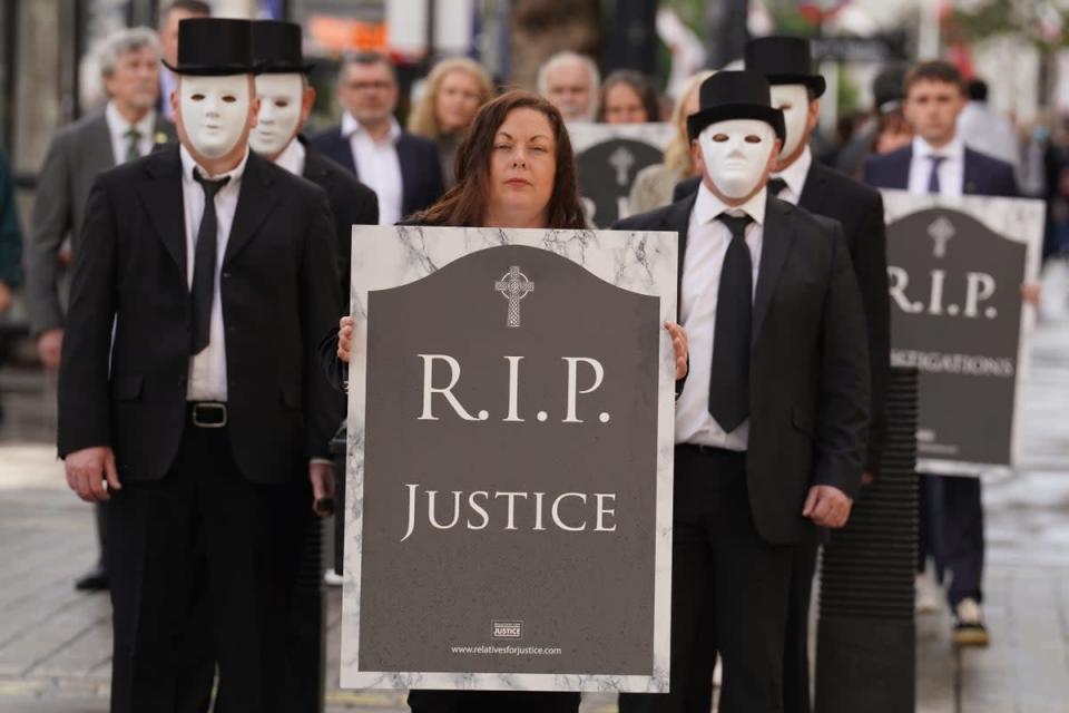 Representatives from Relatives for Justice protested in Westminster, London, against the UK Government’s introduction of controversial legacy legislation last month (Stefan Rousseau/PA) (PA Wire)