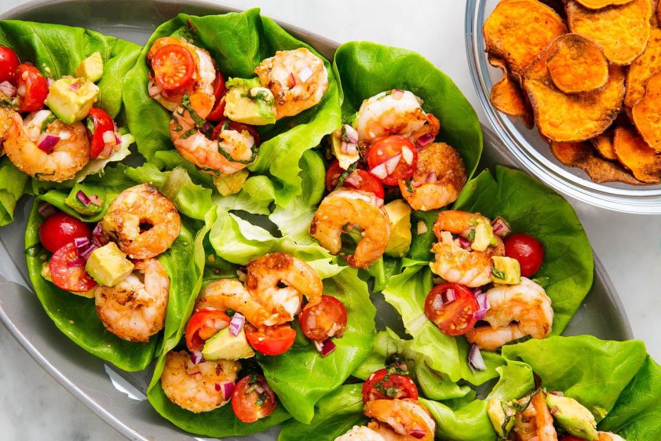 Basil Avocado Shrimp Salad Wraps & Sweet Potato Chips