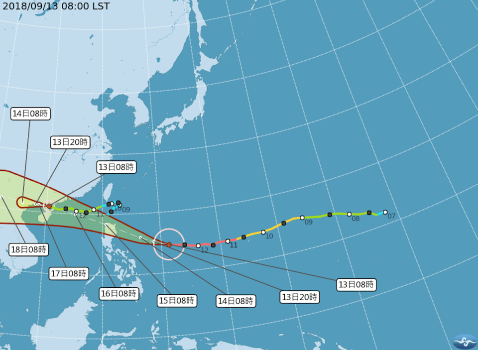 ▲第 22 號強烈颱風「山竹」今（13）日對台灣尚無明顯影響，預計將於周五晚間至周六最接近台灣。（圖／翻攝自氣象局）