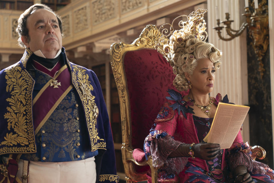 Bridgerton. (L to R) Hugh Sachs as Brimsley, Golda Rosheuvel as Queen Charlotte in episode 307 of Bridgerton. Cr. Liam Daniel/Netflix © 2024