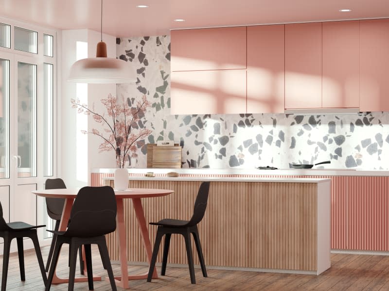 Kitchen interior design in modern style with terazzo wall and pink cabinets, 3d rendering