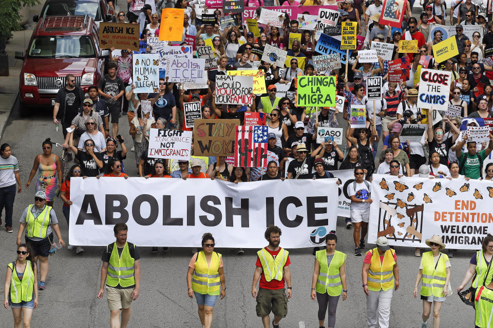 Protesters march to offices of the U.S. Immigration and Customs Enforcement on July 13, 2019 in Chicago, Ill. The rally called for an end to criminalization, detention and deportation of migrants ahead of planned ICE raids expected to the following day. (Nuccio DiNuzzo/Getty Images)