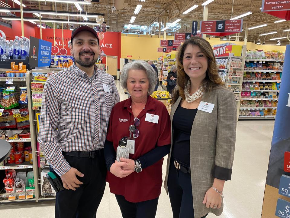 Hannaford Supermarket staff in Taunton talk about a major remodeling of the store on Jan. 12, 2024, from left, Store Manager James White; Frances Jackson, an employee who has been with the store since it opened in 2006; and Vice President of Retail Operations Andrea Nickerson.