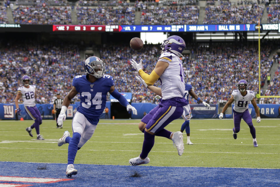 Minnesota Vikings wide receiver Adam Thielen (19) makes a touchdown catch against New York Giants defensive back Grant Haley (34) during the second quarter of an NFL football game, Sunday, Oct. 6, 2019, in East Rutherford, N.J. (AP Photo/Adam Hunger)