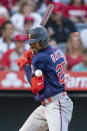 Minnesota Twins' Byron Buxton is hit by a pitch during the fifth inning of the team's baseball game against the Los Angeles Angels in Anaheim, Calif., Saturday, Aug. 13, 2022. (AP Photo/Alex Gallardo)