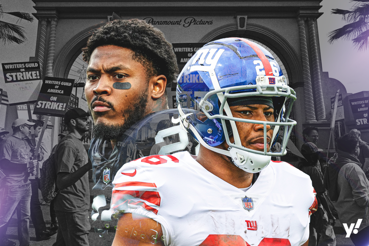 What can NFL running backs like Josh Jacobs and Saquon Barkley learn from the Hollywood strike? (Amber Matsumoto/Yahoo Sports)