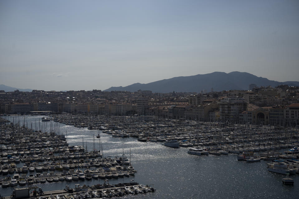 The Vieux Port is pictured in Marseille, southern France, Friday, June 23, 2023, where the Olympic flame will arrive on May 8, 2024 aboard the Belem sailing vessel. Paris 2024 organizing committee president Tony Estanguet unveiled flame's route for the 2024 Paris Games on Friday. (AP Photo/Daniel Cole)