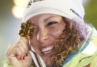 Alpine Skiing - FIS Alpine Skiing World Championships - Women's Alpine Downhill - St. Moritz, Switzerland - 12/2/17 - Ilka Stuhec of Slovenia displays her gold medal. REUTERS/Stefano Rellandini