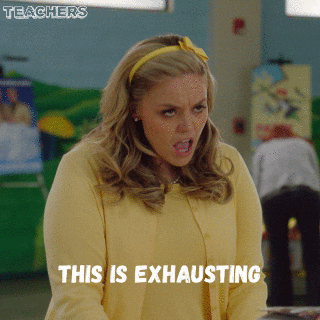 Character from "Teachers" tv show expressing frustration in captioned gif