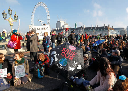 Environmental campaigners from the direct action group Rebellion demonstrate on Westminster Bridge in central London, Britain, November 17, 2018. REUTERS/Peter Nicholls