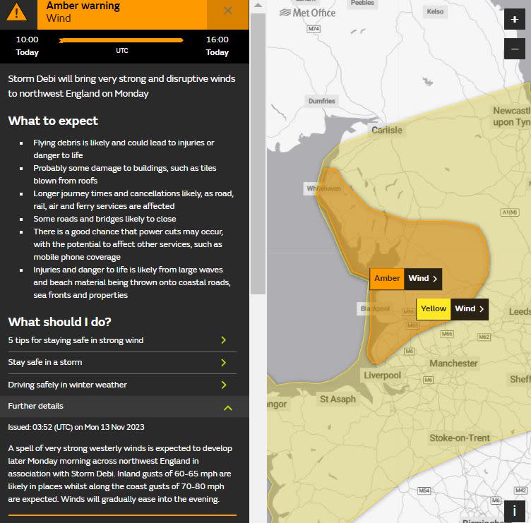 Amber warning issued for Northwest England (Met Office)