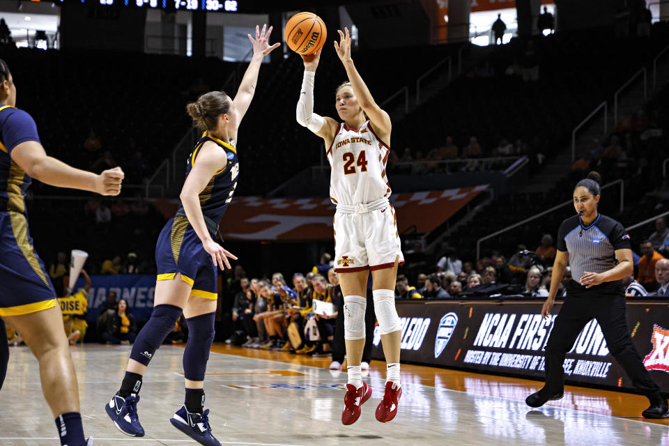 Iowa State guard Ashley Joens (24) shoots over Toledo guard Sophia Wiard (2) in the second half of a first-round college basketball game in the NCAA Tournament, Saturday, March 18, 2023, in Knoxville, Tenn. (AP Photo/Wade Payne)